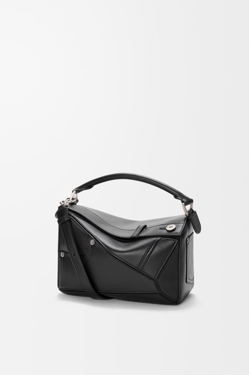 LOEWE Borsa Puzzle piccola Panta in pelle di vitello lucida Nero